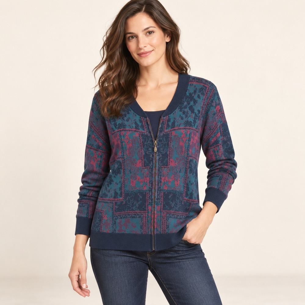 Christopher & Banks XL Cotton Zip Cardigan Abstract Patchwork Floral